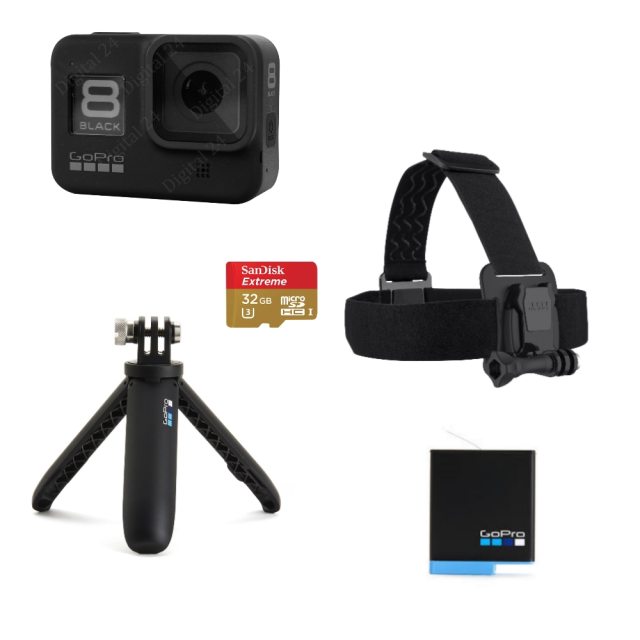 GoPro Hero 8 Black Bundle, Shorty + Battery + Headstrap + 32GB microSD