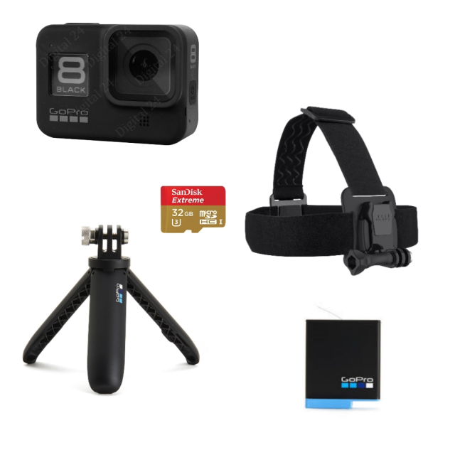 GoPro Hero 8 Black Bundle, Držač Shorty + Baterija + Traka za glavu Headstrap + 32GB microSD Kartica